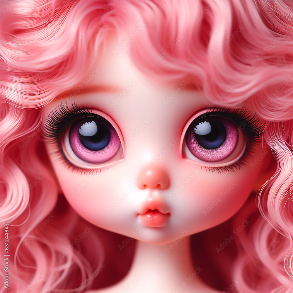 Portrait of beautiful and cuddly doll with big eyes and silky hair.
