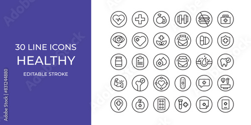 Healthy icon set line vector design editable. health, body goals, fruits, bandage, and more