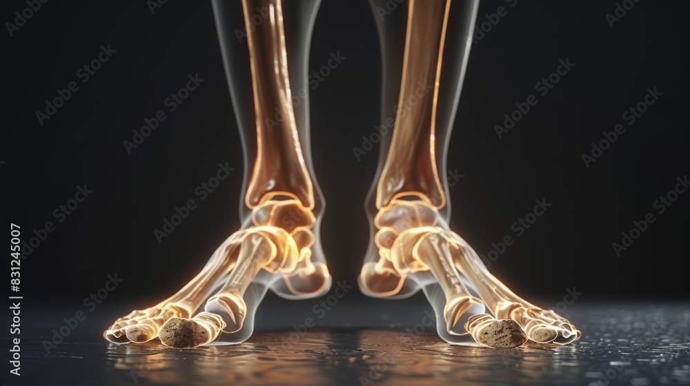 X-ray view of human foot bones highlighting the skeletal structure and joints on a dark background, emphasizing medical and anatomical details. X-ray view of human foot bones highlighting the skeletal structure and joints on a dark background, emphasizing medical and anatomical details.