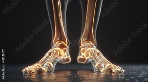 X-ray view of human foot bones highlighting the skeletal structure and joints on a dark background, emphasizing medical and anatomical details. photo