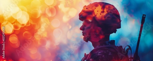 Silhouette of a soldier with a colorful bokeh background, capturing the contrast between military and artistic elements.