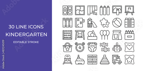 Kindergarten icon set line vector design editable stroke. ball, balloon, toys, and more
