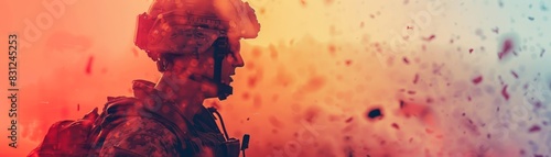 Silhouetted soldier in combat gear amidst a battlefield with vibrant, abstract colorful smoke and particles under dramatic lighting. photo