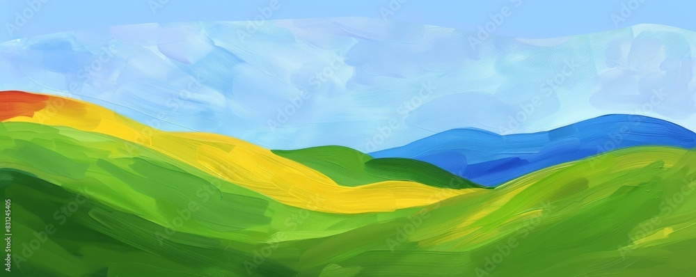 Obraz premium Vibrant, abstract artwork depicting colorful rolling hills under a blue sky