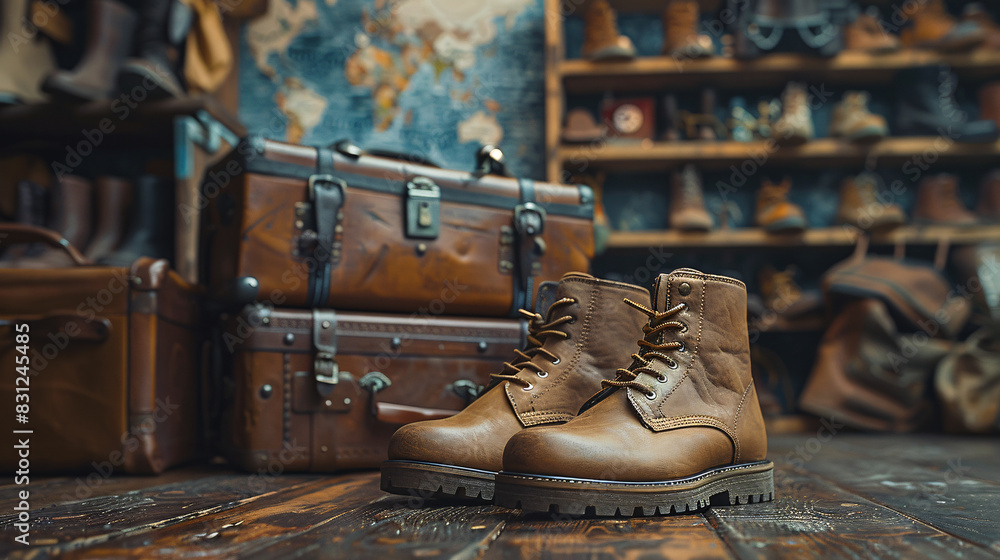 shoes with other items that tell a story, such as maps, suitcases and travel bags shoes with other items that tell a story, such as maps, suitcases and travel bags