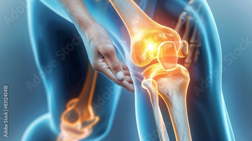 X-ray illustration of human knee joint with pain area highlighted, symbolizing medical and health issues related to joints and bones.
