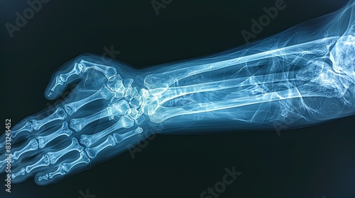 X-ray image of a human arm displaying bone structure and medical diagnostics in vivid detail.