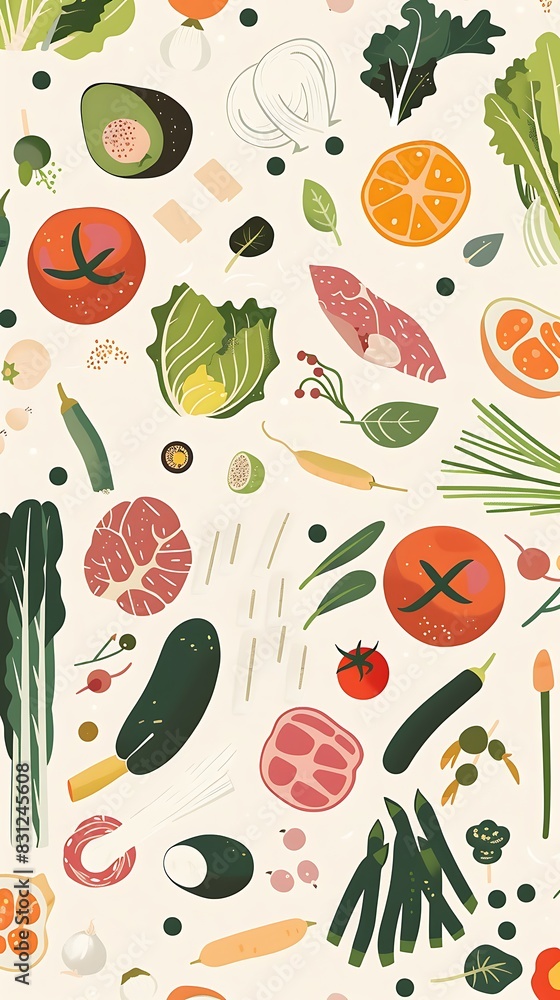 A seamless pattern featuring colorful vegetables like tomatoes, carrots, onions, and peppers on a green background A seamless pattern featuring colorful vegetables like tomatoes, carrots, onions, and peppers on a green background