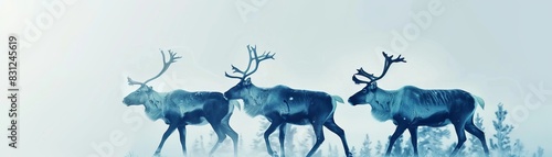 Three reindeer walking in a wintery landscape. The majestic animals are captured in a serene  frosty setting  showcasing the beauty of nature.