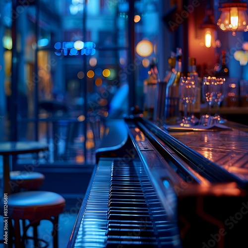 A grand piano sits bathed in warm light on a city street at night photo