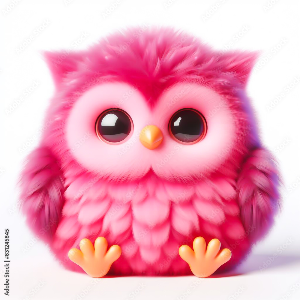 Fototapeta premium Cute furry pink owl 3D character on white background