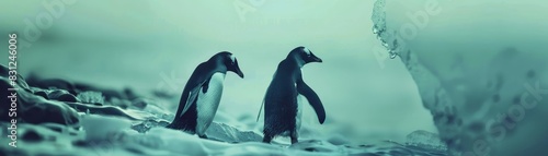Two penguins walking on icy terrain with a large iceberg in the background under a teal sky.