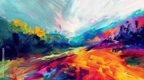 Vibrant digital art depicting a dynamic and colorful abstract landscape
