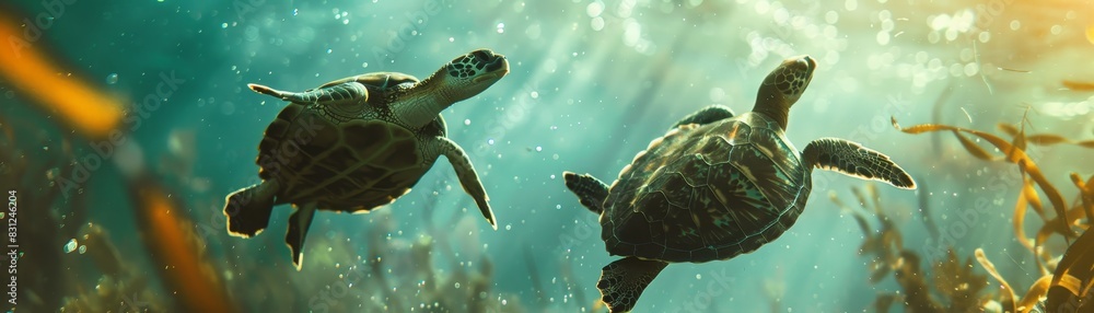 Fototapeta premium Underwater view of two sea turtles swimming gracefully through the ocean, surrounded by sunlight and vibrant marine life.