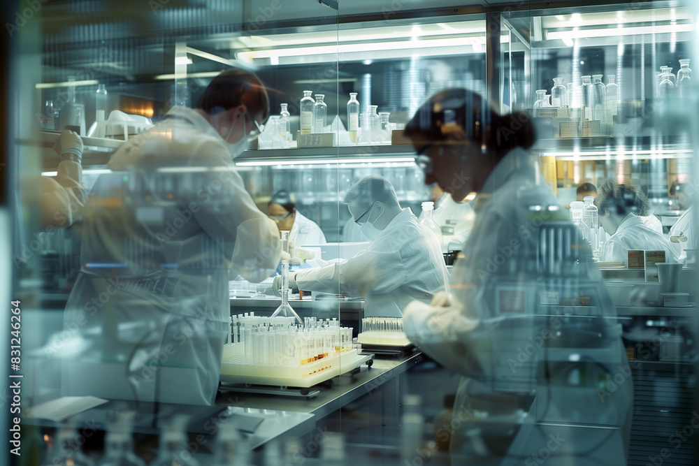 An intricate laboratory scene showcasing scientists in white lab coats working with advanced equipment and biological samples, research and development phase of biopharmaceutical products. An intricate laboratory scene showcasing scientists in white lab coats working with advanced equipment and biological samples, research and development phase of biopharmaceutical products.