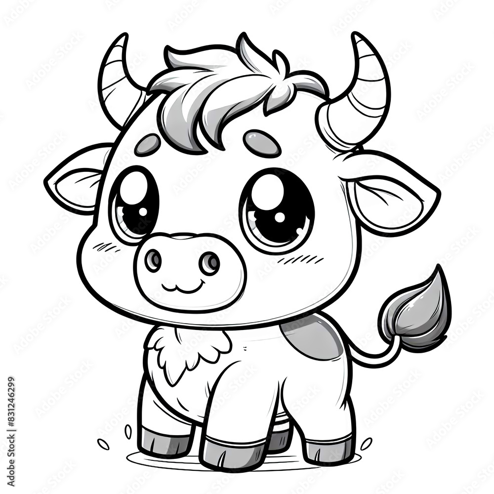 Cartoon of baby cow with simple lines for children to color book pages. Drawing for vectorization Cartoon of baby cow with simple lines for children to color book pages. Drawing for vectorization