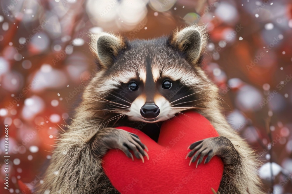 Adorable raccoon with a charming gaze holding a heart during a gentle snowfall Adorable raccoon with a charming gaze holding a heart during a gentle snowfall
