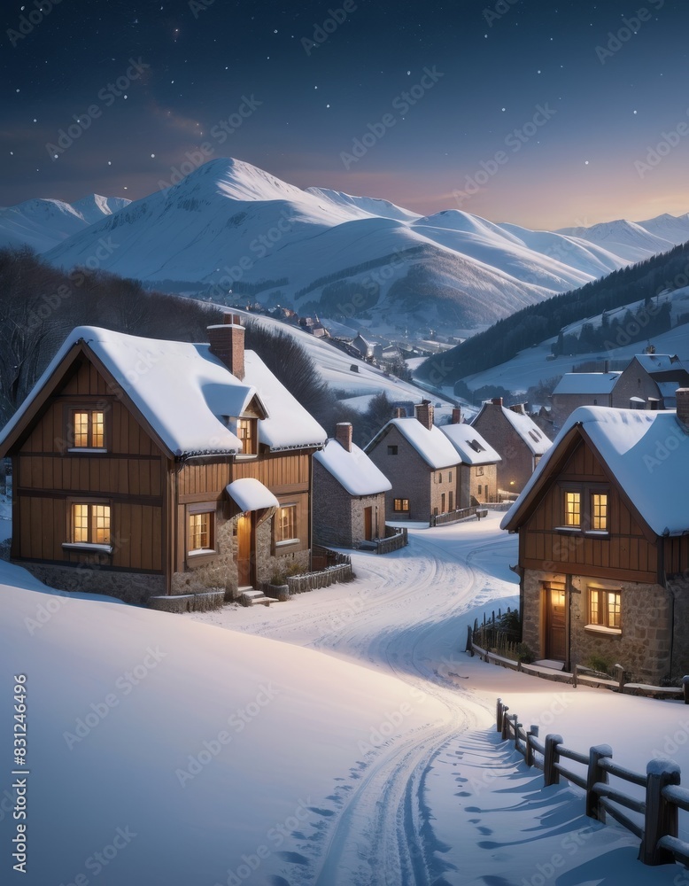 The gentle hues of twilight settle over a snowy hamlet, with lit houses dotting the rolling hills under a celestial sky.