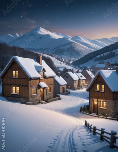 The gentle hues of twilight settle over a snowy hamlet, with lit houses dotting the rolling hills under a celestial sky. © video rost