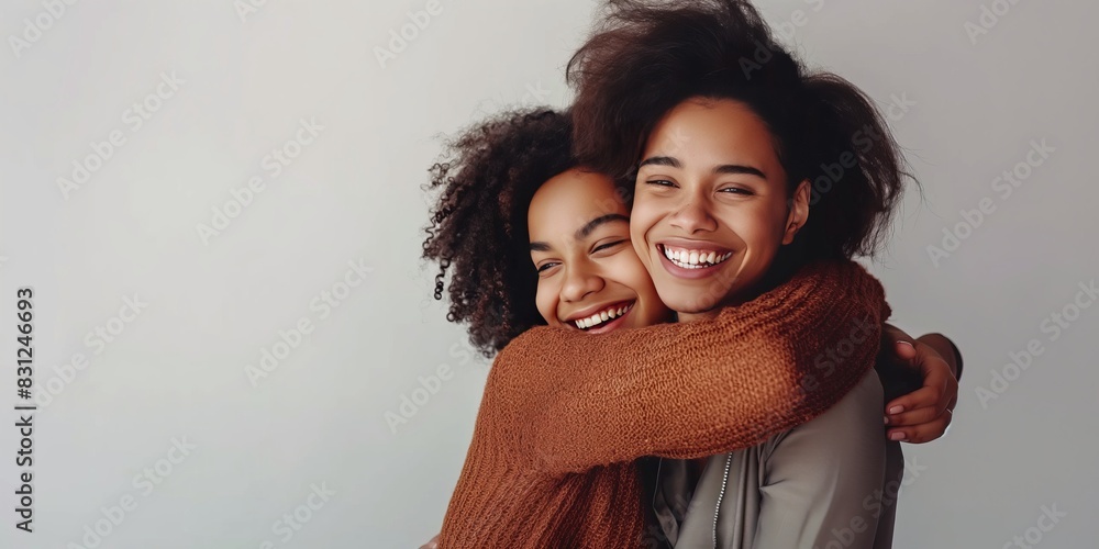 This image captures two women sharing a warm hug and smiling, encapsulating the joy and comfort of close friendship and the emotional support between friends in a cozy setting. This image captures two women sharing a warm hug and smiling, encapsulating the joy and comfort of close friendship and the emotional support between friends in a cozy setting.