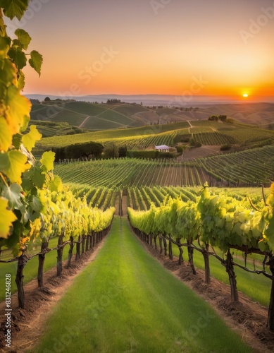 Sunset casting warm hues over rolling vineyard hills  showcasing rows of grapevines under a colorful sky  ideal for winery themes.. AI Generation