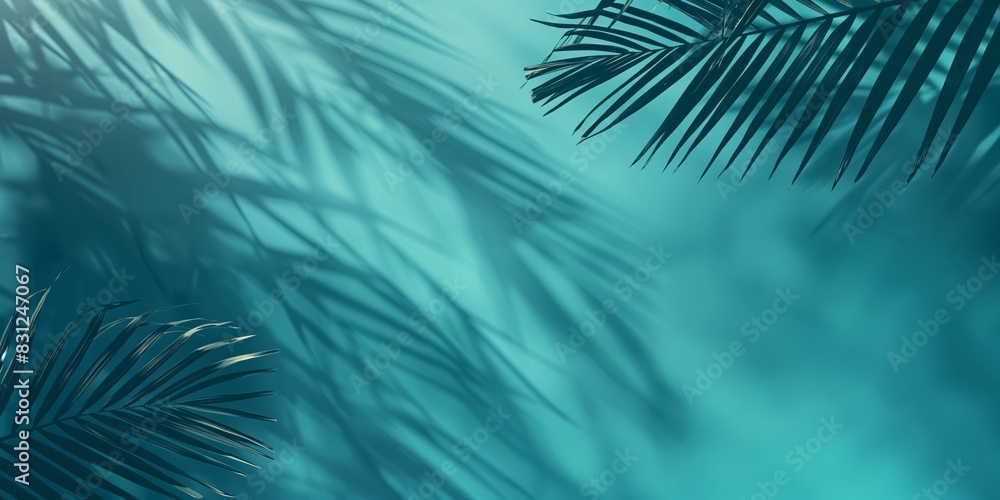 Obraz premium Artistic image of palm leaves casting intricate shadows on a turquoise background, evoking a sense of tropical elegance and modern aesthetic design.