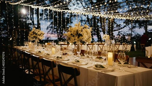 Dinner table setup sunset background. Close up decoration flowers candles Boho style. Romantic wedding reception party outdoor.