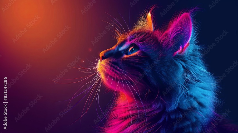 Stylish Norwegian Forest Cat artwork, vibrant pop art, colorful geometric patterns copy space, futuristic, multilayer, modern interior backdrop Stylish Norwegian Forest Cat artwork, vibrant pop art, colorful geometric patterns copy space, futuristic, multilayer, modern interior backdrop