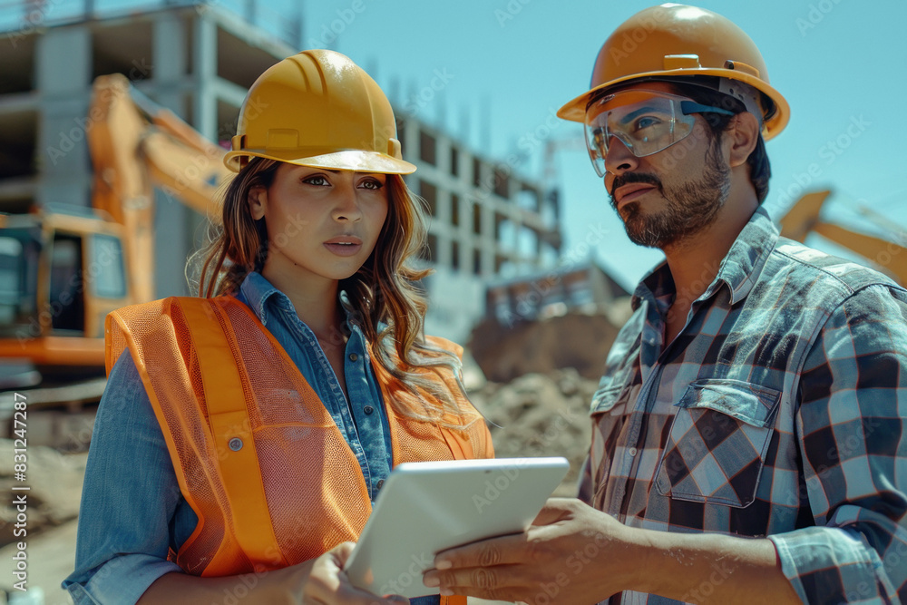 male and female engineer discussing at construction side male and female engineer discussing at construction side