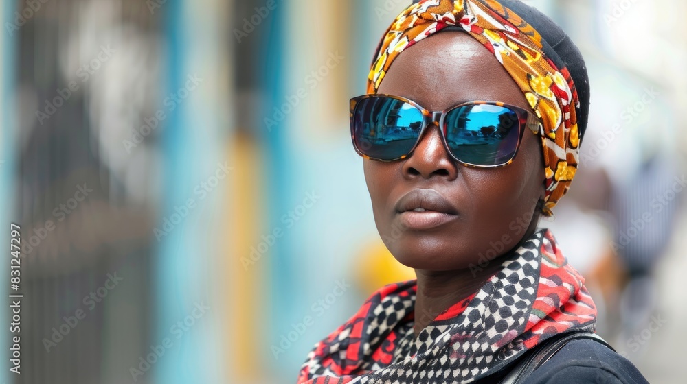 A woman wearing sunglasses and a head scarf outdoors A woman wearing sunglasses and a head scarf outdoors