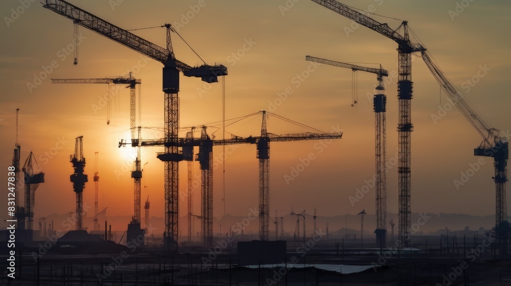 Silhouette of Engineer and worker on building site, construction site at sunset in evening time. Urban Construction Landscape, Ideal for architectural firms, construction companies, and real estate ag Silhouette of Engineer and worker on building site, construction site at sunset in evening time. Urban Construction Landscape, Ideal for architectural firms, construction companies, and real estate ag