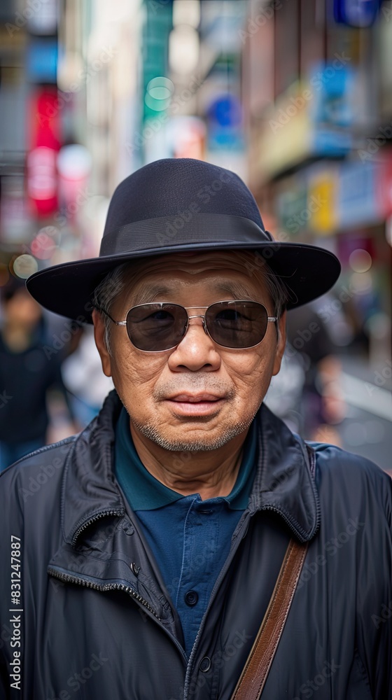 A man in a hat and sunglasses walks on a busy city street A man in a hat and sunglasses walks on a busy city street