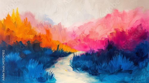 Colorful abstract art depicting a scenic landscape with dynamic brushstrokes