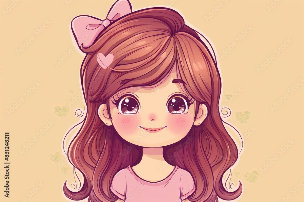 Adorable illustrated young girl with a large pink bow and hearts Adorable illustrated young girl with a large pink bow and hearts