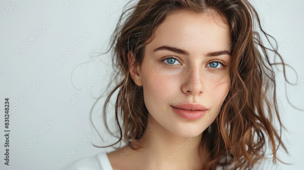 young happy woman with brown hair looks in camera, clean white background, 16:9 young happy woman with brown hair looks in camera, clean white background, 16:9