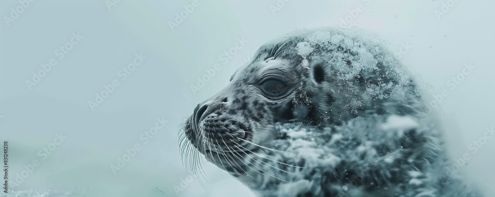 Obraz premium Close-up of a seal pup in the snow, showcasing its fur and peaceful expression against a blurred, icy background.
