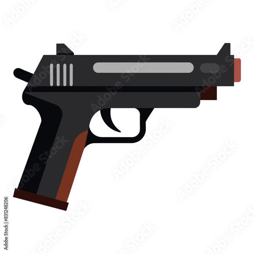 A black and silver handgun placed on a plain white surface against a backdrop