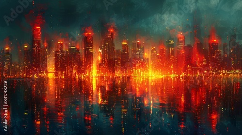 Futuristic city skyline with digital overlays