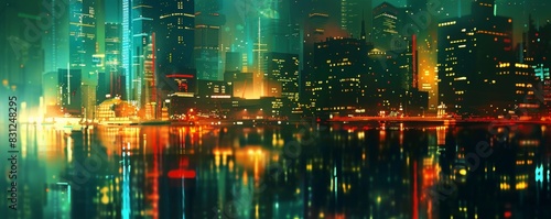 Futuristic city skyline at night with vibrant lights