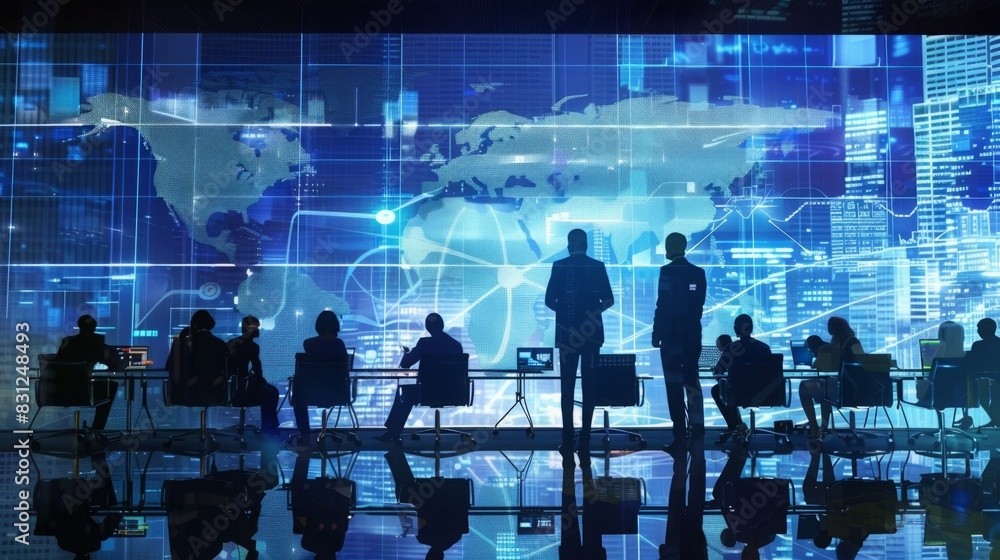 Diverse group of individuals standing in front of a detailed world map, pointing and discussing global locations and regions. Diverse group of individuals standing in front of a detailed world map, pointing and discussing global locations and regions.