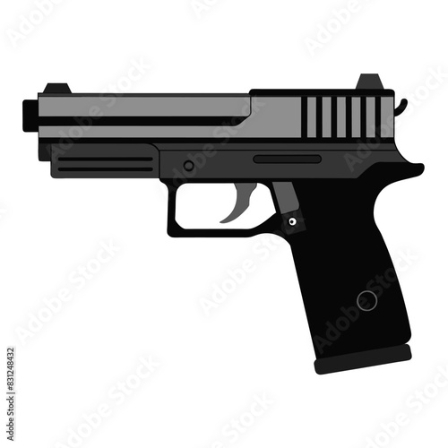 A black and silver handgun placed on a plain white surface against a backdrop