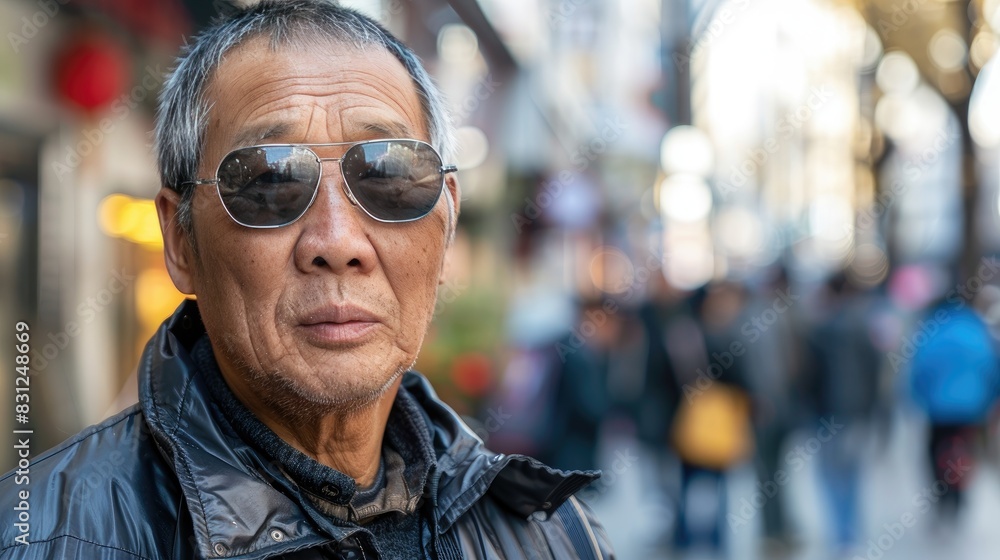 A man with sunglasses walking on a bustling city street A man with sunglasses walking on a bustling city street