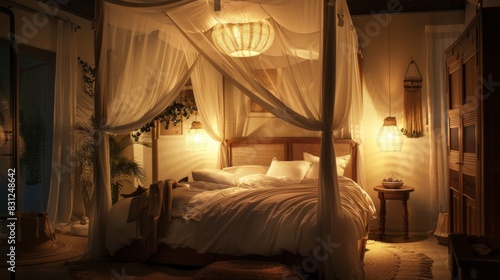Serene bedroom with a cozy canopy bed, soft bedding, and warm lighting, inviting relaxation and peaceful sleep © Plaifah
