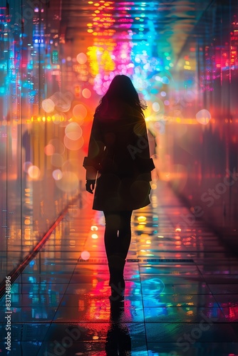 Silhouette of a woman walking through a vibrant, neon-lit city street on a rainy night. The reflection of the lights on the wet pavement creates a colorful and atmospheric scene.
