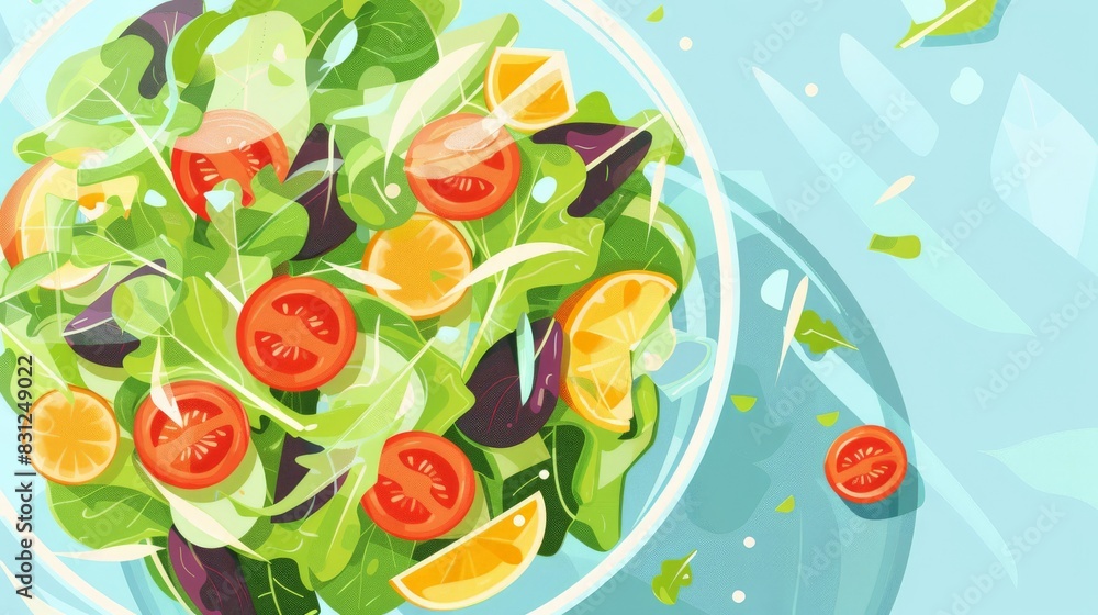 Image of a fresh garden salad flat design top view healthy eating theme water color vivid Image of a fresh garden salad flat design top view healthy eating theme water color vivid
