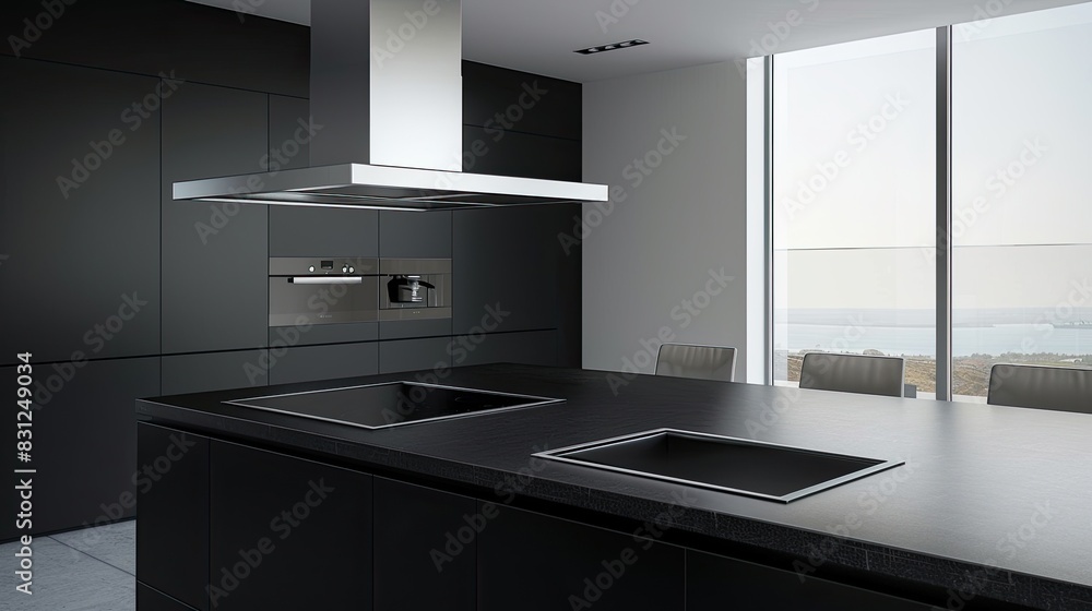Sleek open kitchen featuring an island with a built-in induction cooktop and overhead stainless steel extractor fan Sleek open kitchen featuring an island with a built-in induction cooktop and overhead stainless steel extractor fan