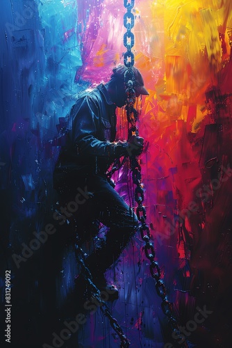 A lone figure climbs a chain against a vibrant, abstract background of blue, purple, and orange. The silhouette evokes a sense of struggle and determination.