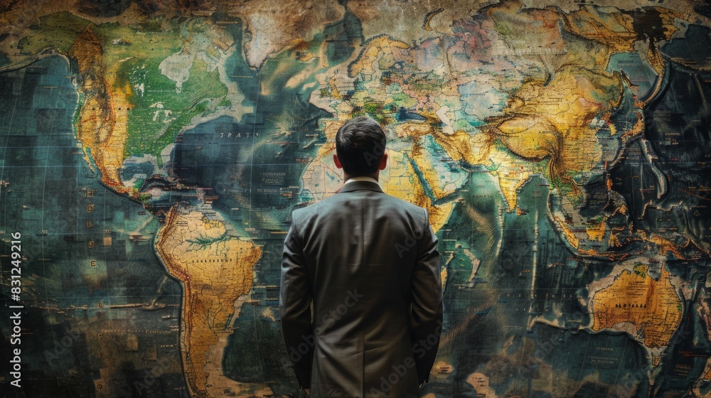 A man standing in front of a detailed map of the world, studying the various countries and continents displayed. A man standing in front of a detailed map of the world, studying the various countries and continents displayed.