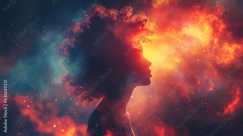 A silhouette of a person's head with a fiery, cosmic backdrop, suggesting a powerful energy or a connection to the universe.