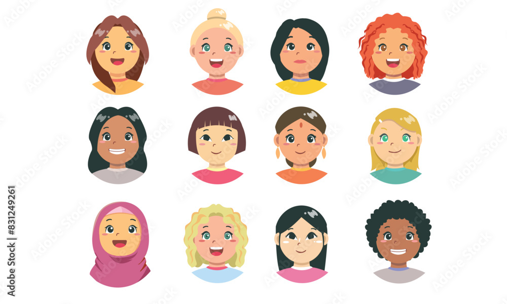Set of twelve facial expressions of cute girls from various ethnic groups Set of twelve facial expressions of cute girls from various ethnic groups